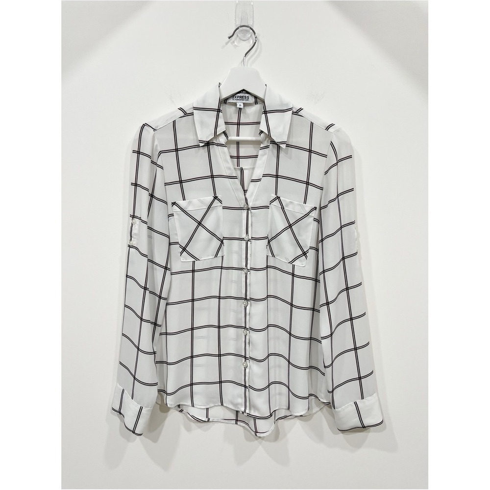Express The Portofino Shirt White Plaid Button Down Blouse Small Windowpane - Picture 2 of 9